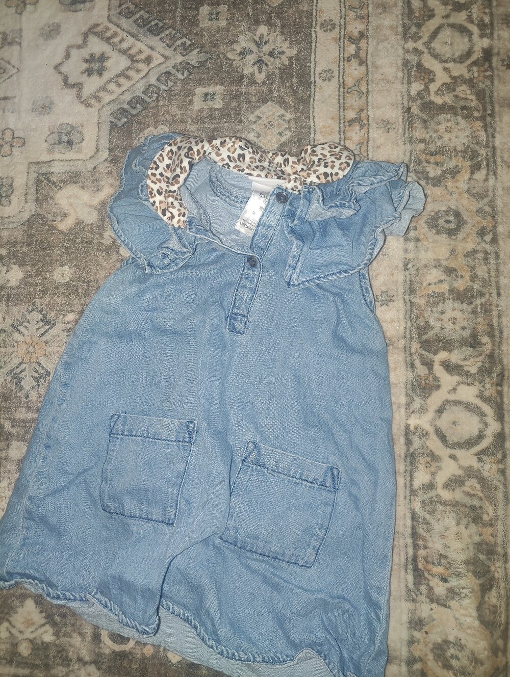 Light Blue Denim Dress with Leopard Trim